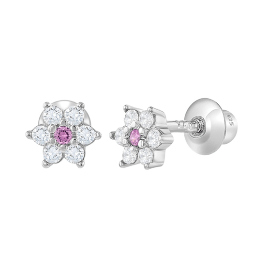 Sterling Silver 4 mm White Pink CZ Flower Baby Children Screw Back Earrings - Trendolla Jewelry